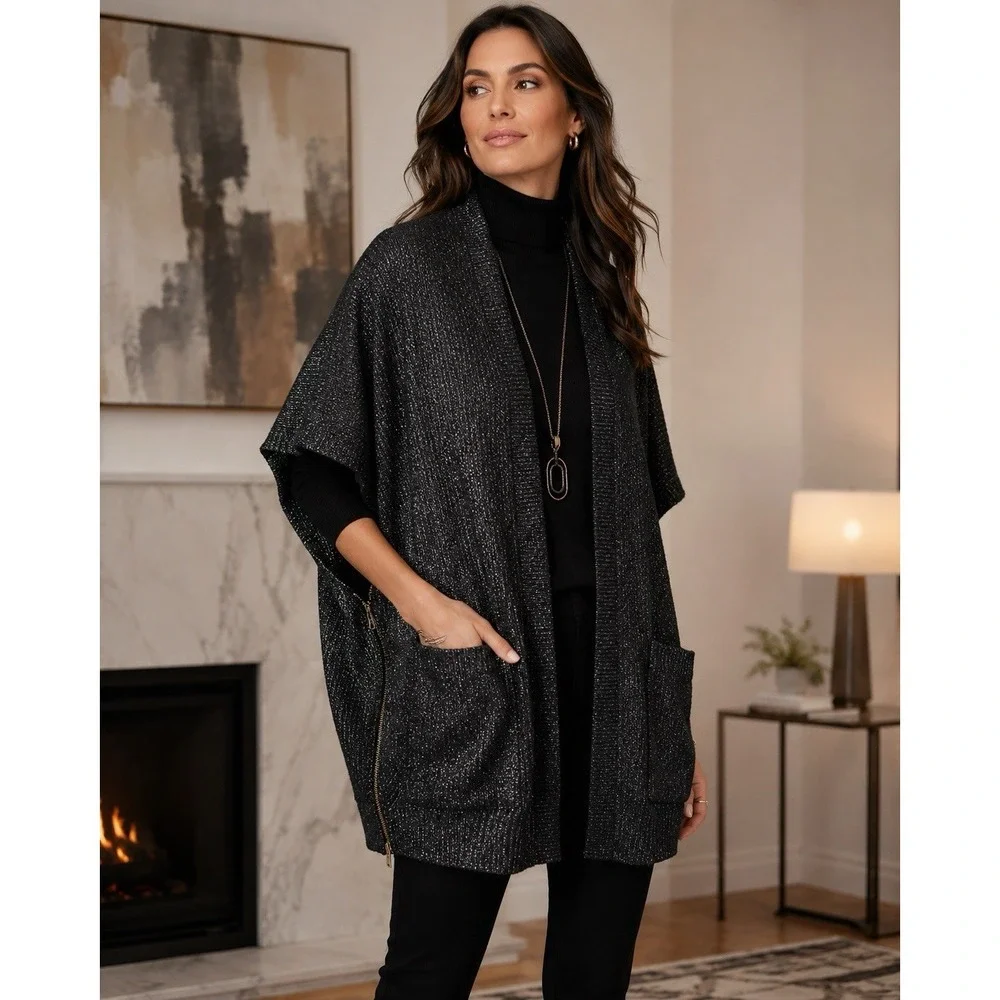 Cabi Metallic Shimmer Cocoon Cardigan Sweater M/L‎ Black Open Front Pockets Zip